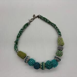 Chico's Chunky Statement Necklace Green Turquoise Seed Bead Adjustable Silver